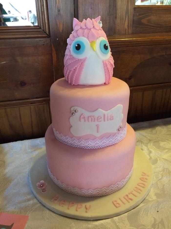 1st Birthday Cake with Owl Topper