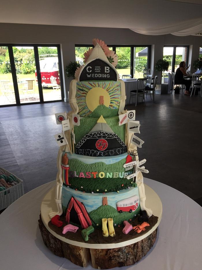 Glastonbury themed reveal wedding cake