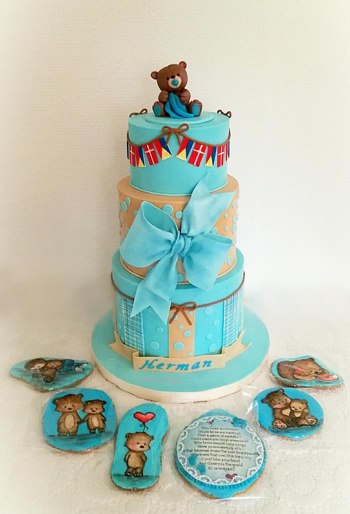 Christening cake for baby boy and set of 6 hand-painted cookies! 