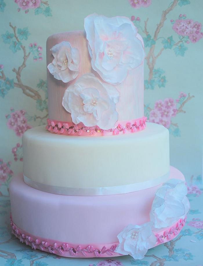 Pink and elegant wedding cake  with rice paper Anemones