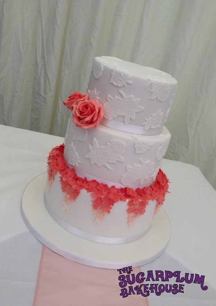 Ombre Coral & Lace Wedding Cake