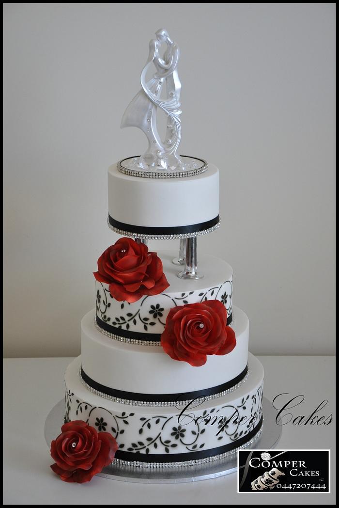 Elegant Red and White Lace Anniversary Cake