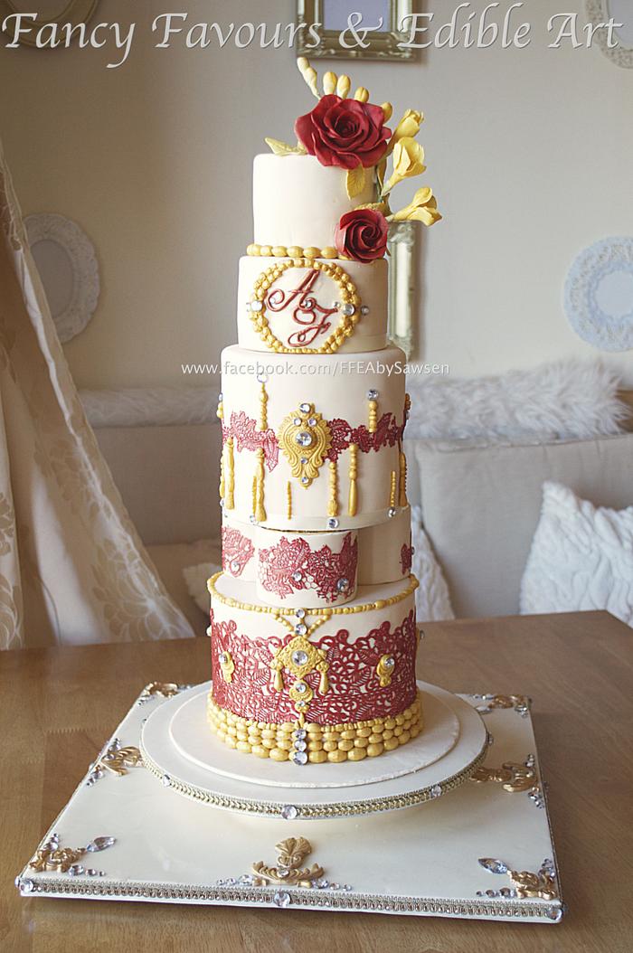 marsala & gold Asian wedding cake