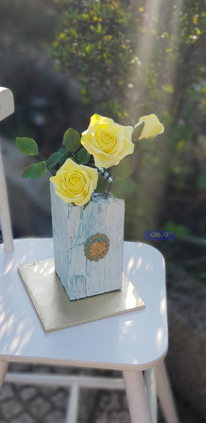 Wooden Vase and Roses 