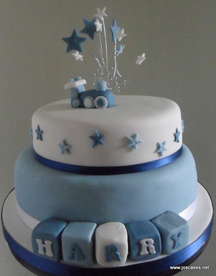 Train Themed Blue and White Christening Cake