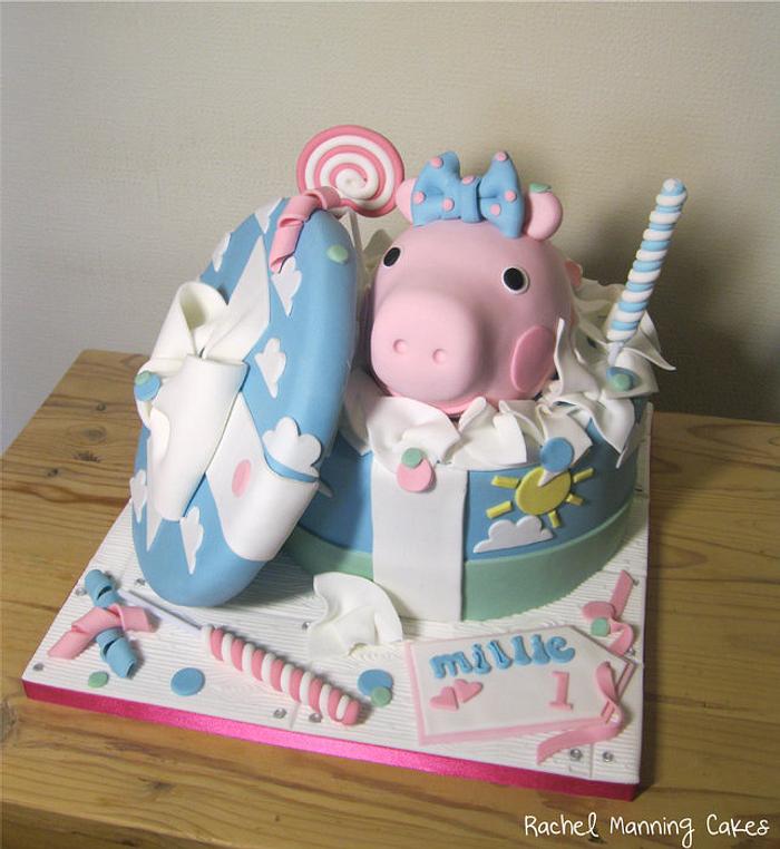 Peppa Pig in a gift box cake