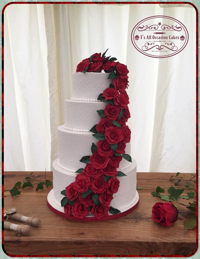 Red rose drape wedding cake 