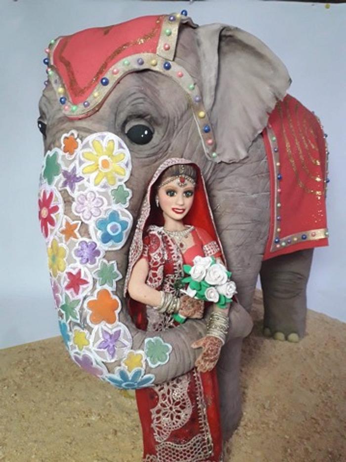 Sri Lanka bride posing with an elephant