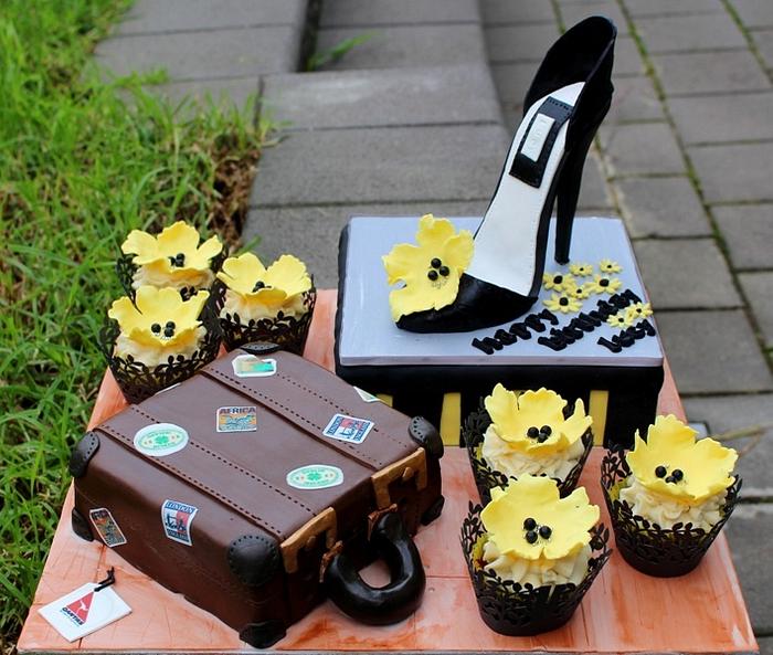 Yellow Flowers, High Heels and Suitcase cake