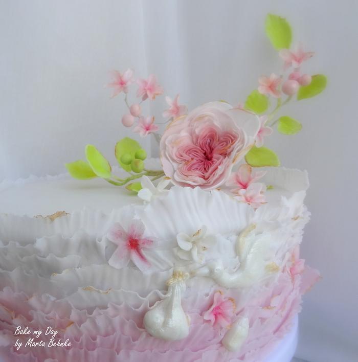 delicate lace and flower baptism cake