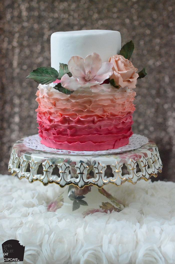 Pink and peach ombre ruffle cake 