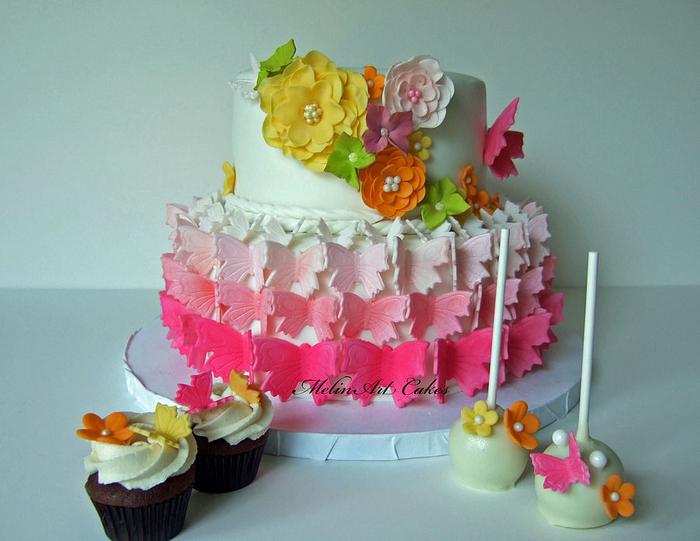 Ombre butterfly and flower cake