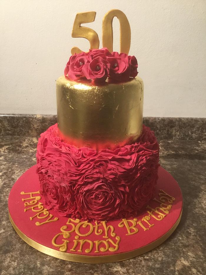 24crt gold leaf cake with rose ruffles. 