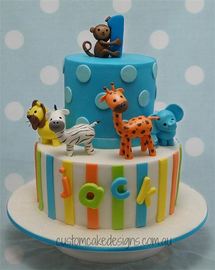 Safari Animals 1st Birthday Cake