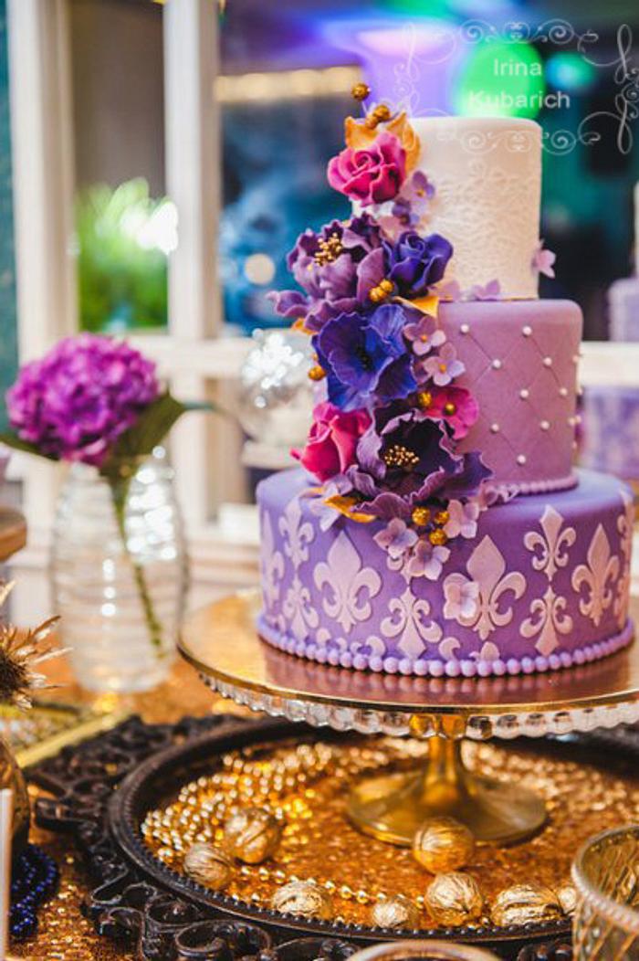 Purple & Gold wedding cake and dessert table!