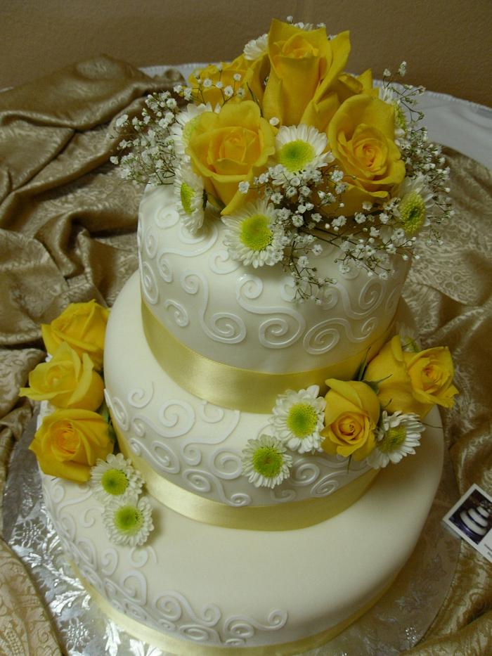 Yellow Rose and Daisy Wedding Cake