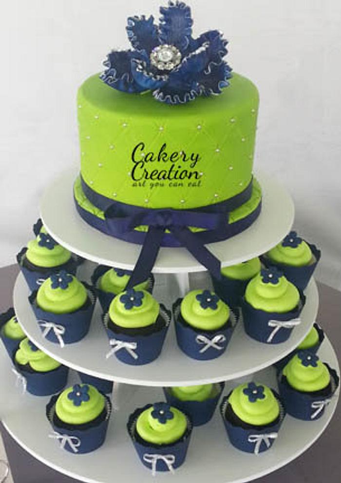 Lime green and Navy cake and cupcake tower