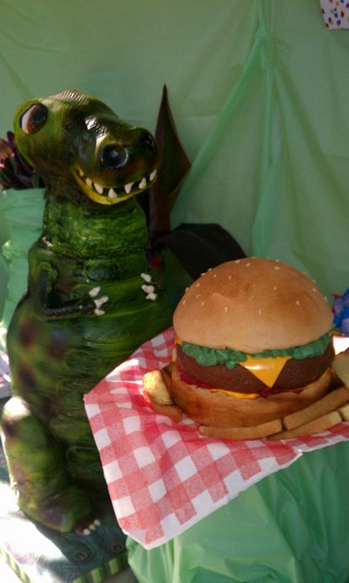 dinosaur and hamburger cake