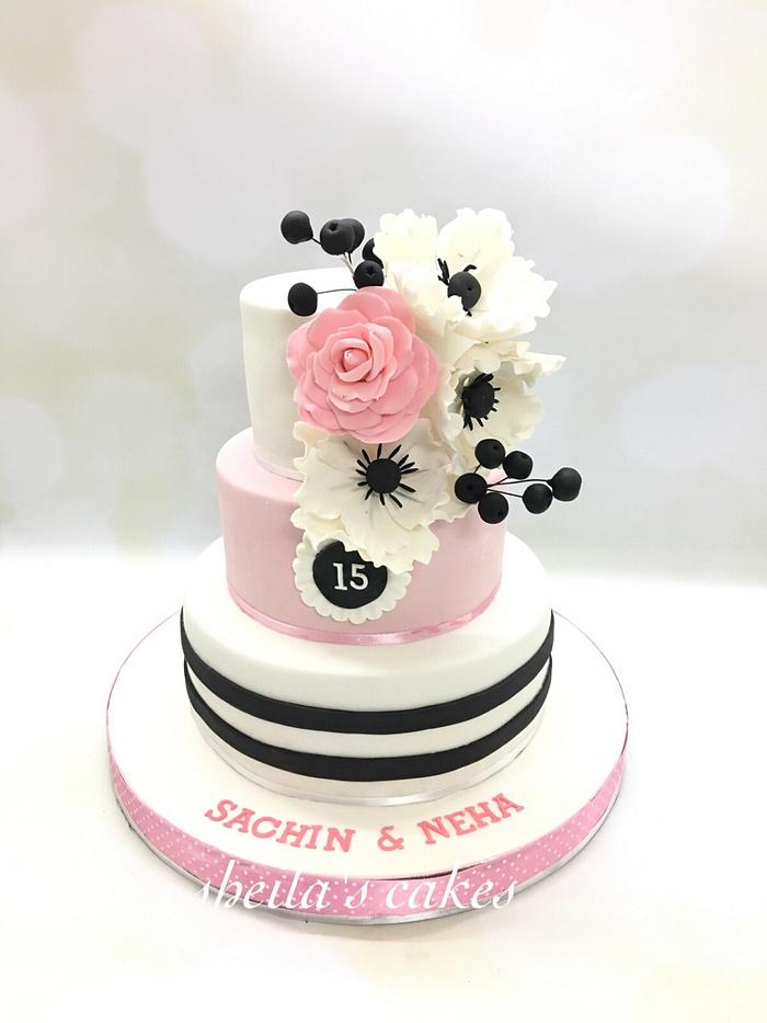 Pink and white anniversary cake