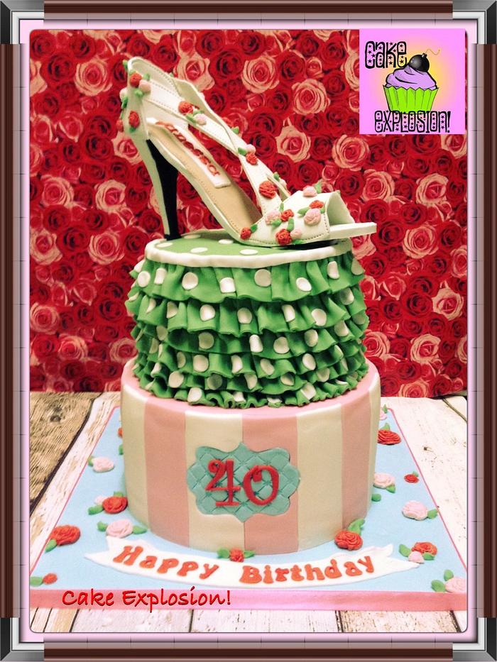 Cath Kidston themed cake with high heel shoe topper