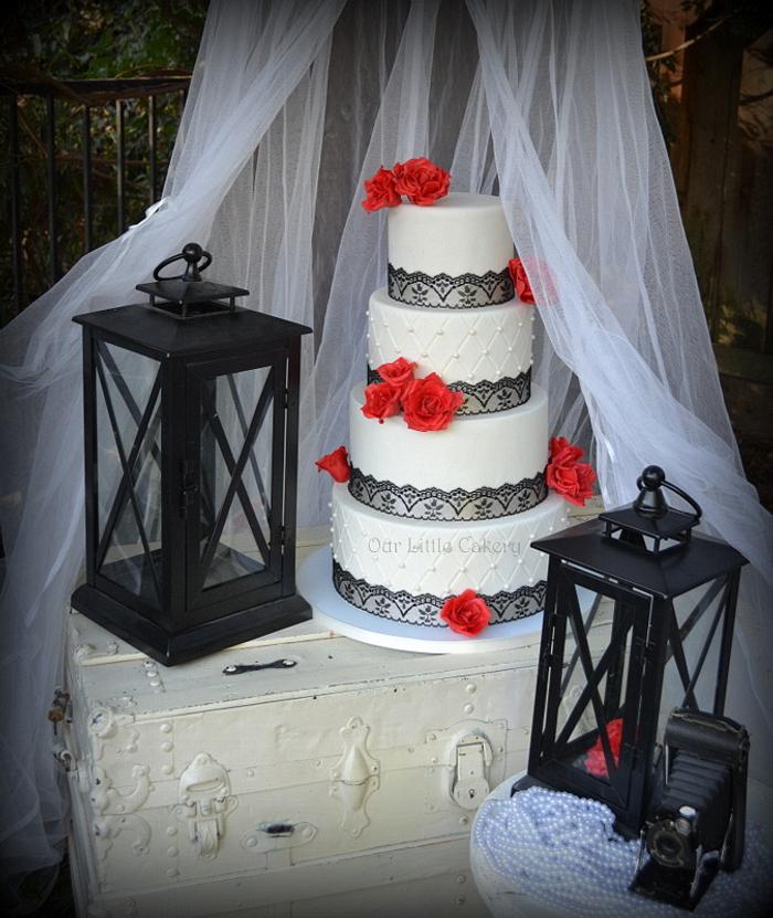 Vintage Lace and Red Roses Wedding Cake