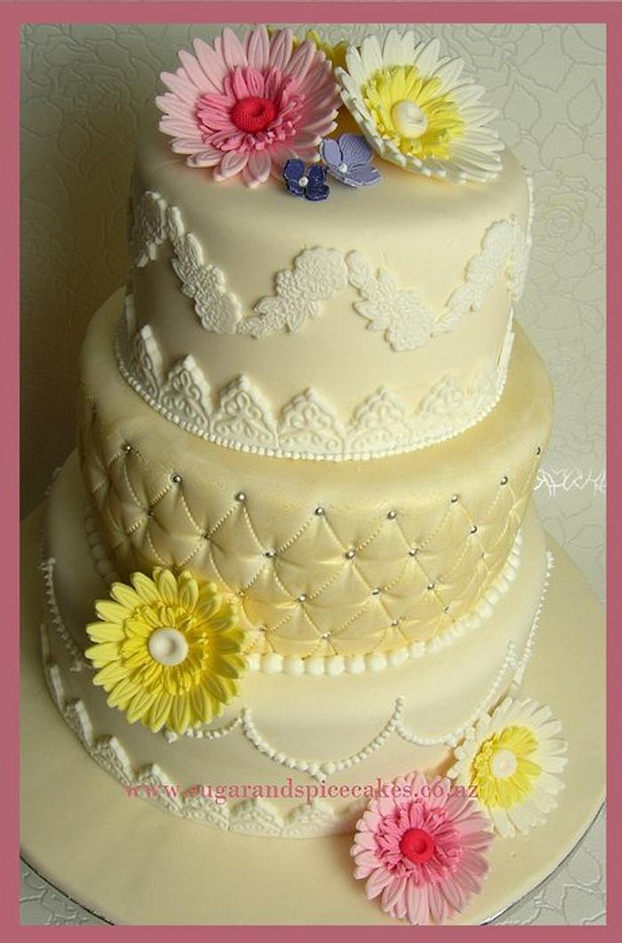 Vintage Lace Wedding Cake with Sugar Gerberas