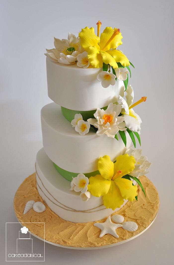 Citrus yellow and lime Beach themed wedding cake