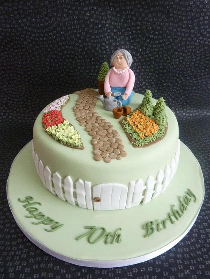 Lady enjoying her garden Cake