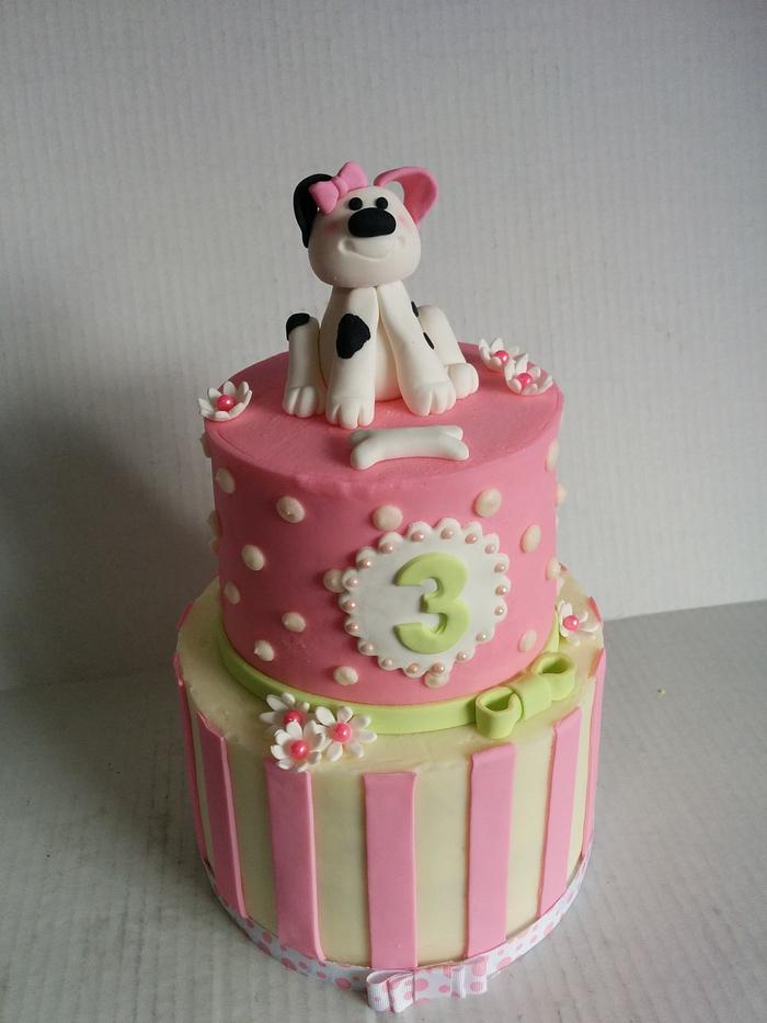 pink and green puppy birthday cake