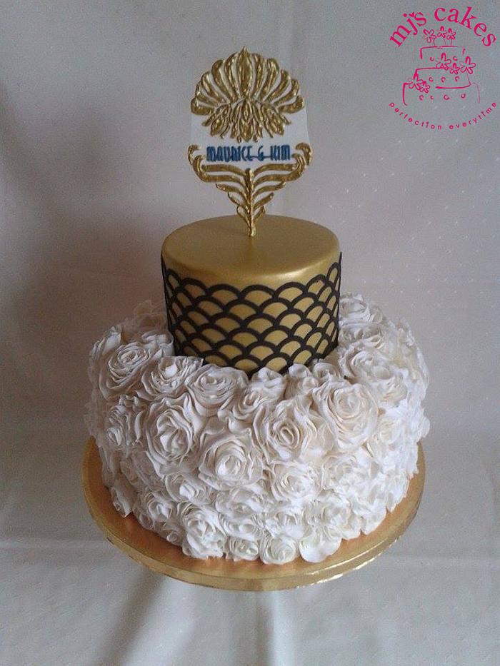 Art Deco Rose Ruffle Gold Wedding Cake
