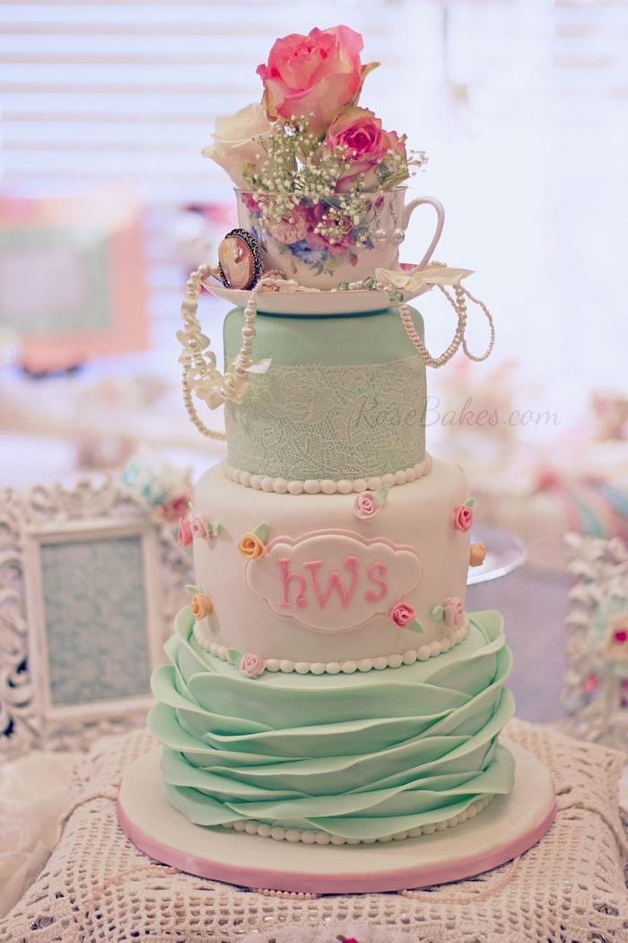 Shabby Chic Baby Shower Cake with Ruffles, Lace & Rosebuds