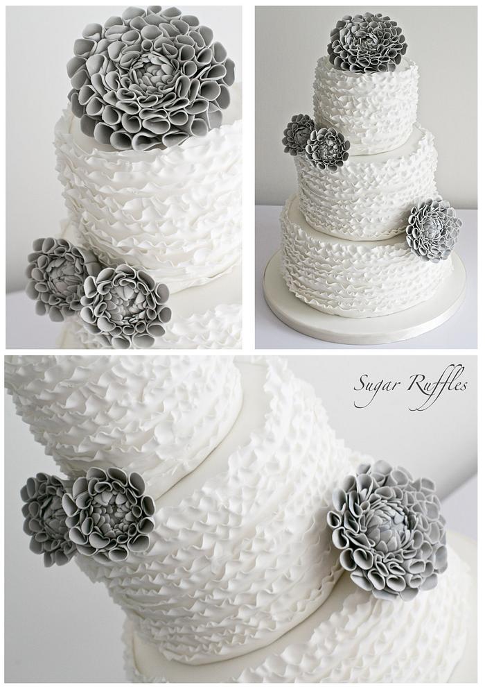 Grey Dahlia Ruffle Wedding Cake