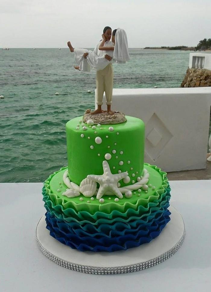 Royal Blue and Lime green Beach theme wedding cake
