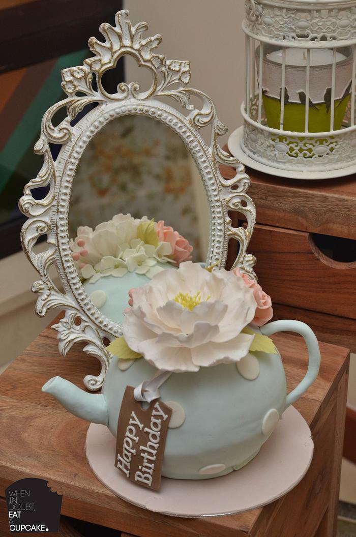 Shabby chic teapot cake with sugar flowers