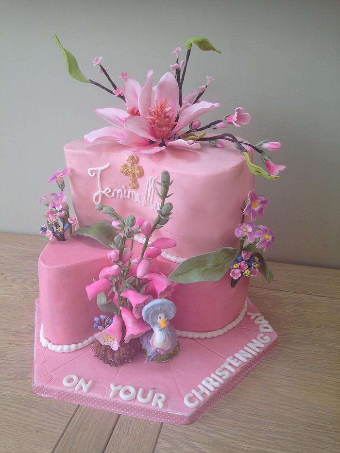 Christening Cake - Jemima Puddleduck and spring flowers 