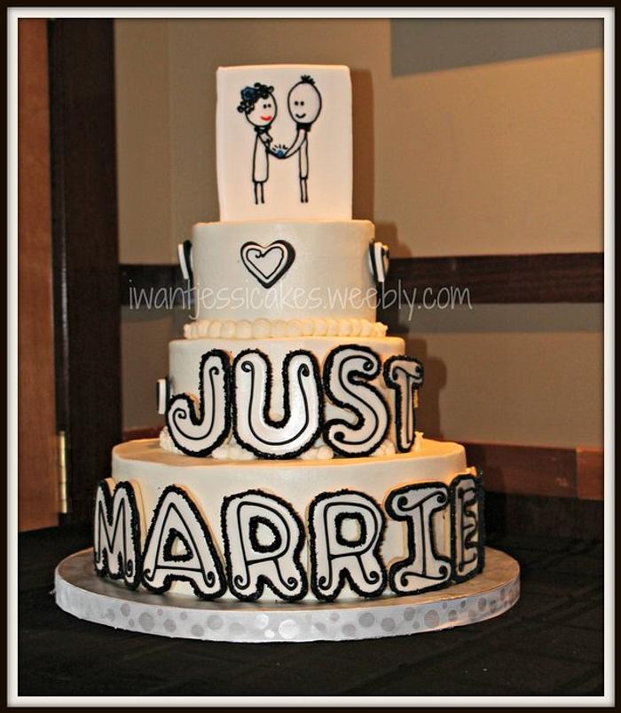 Just Married - black & white wedding cake