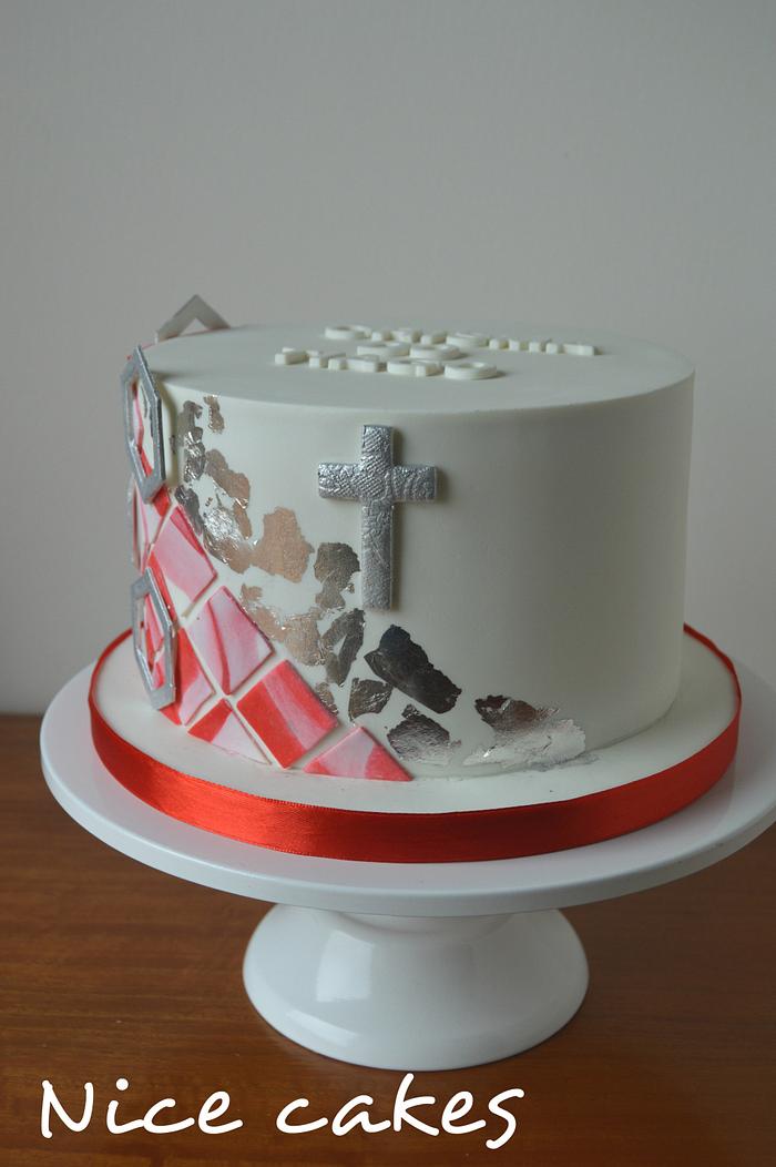 Red and white communion cake