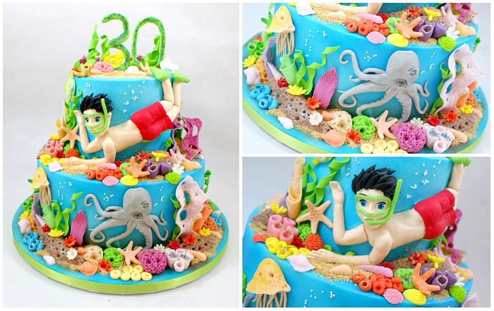 cake with a coral reef and diver