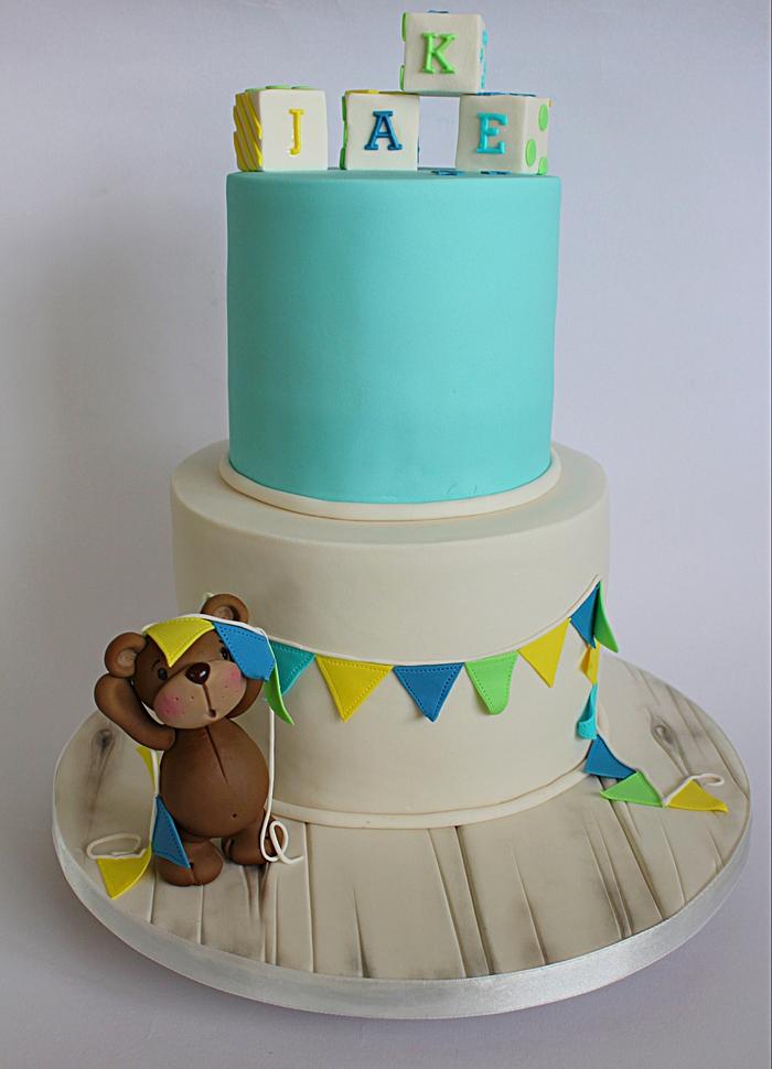 Bunting bear christening cake