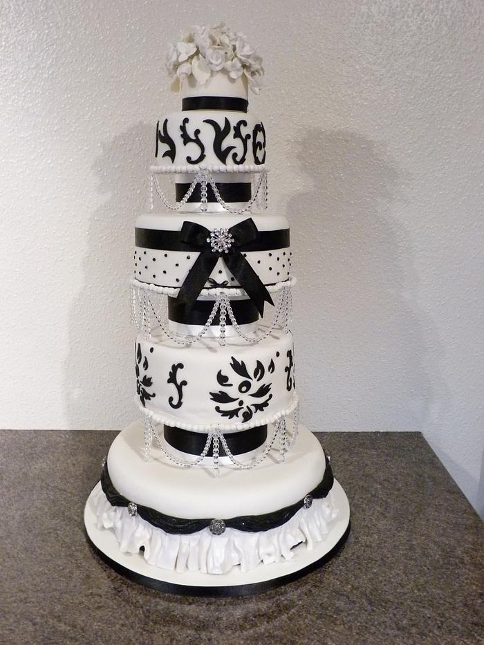 5 Tier Black and White  Wedding Cake 