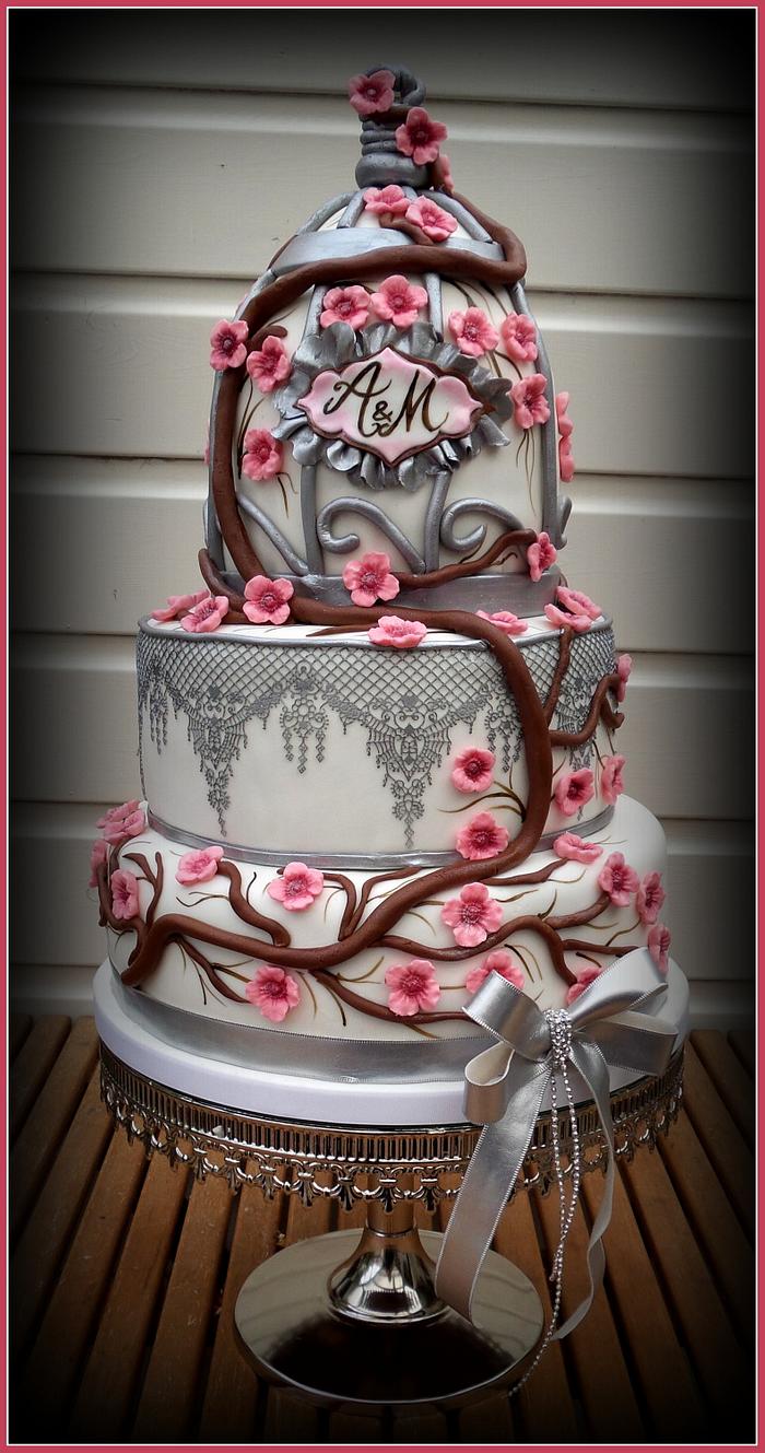 Weddingcake Pink blossom Birdcage