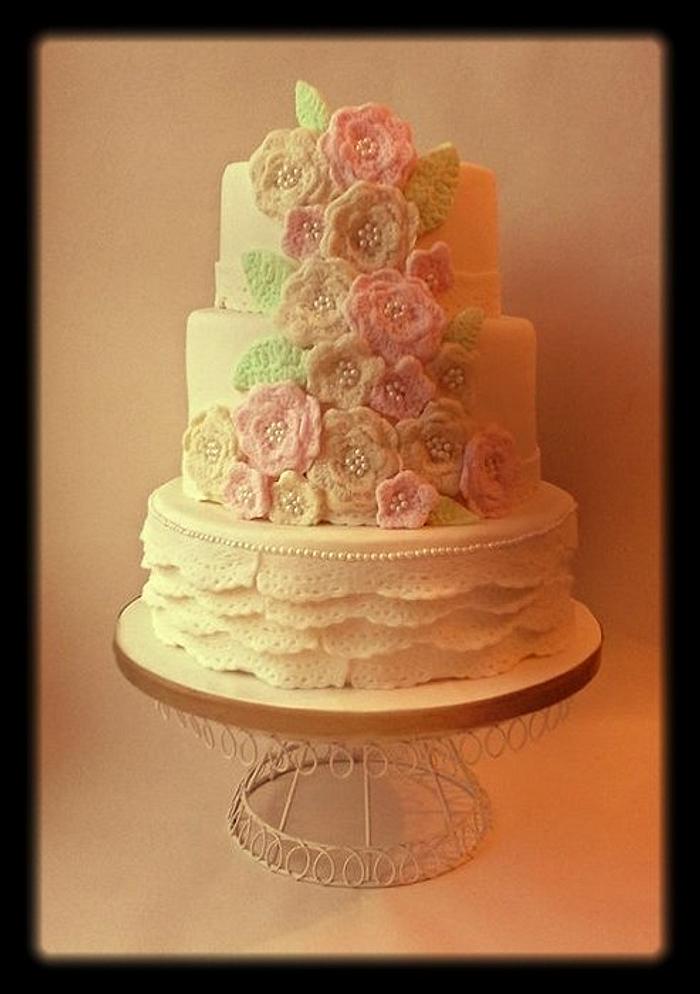 Flower and lace crochet wedding cake 