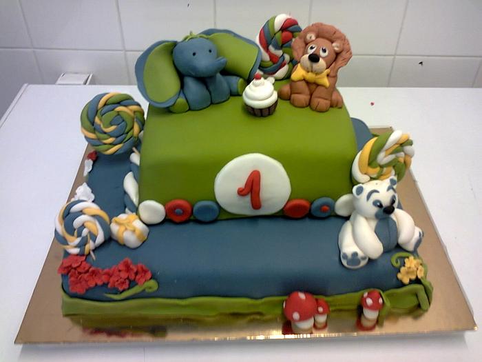 Green blue cake with animals