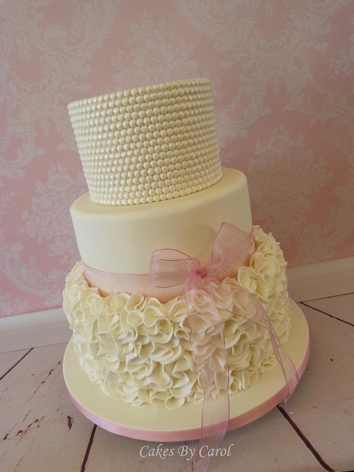 Ivory Pearls & Ruffles Wedding Cake