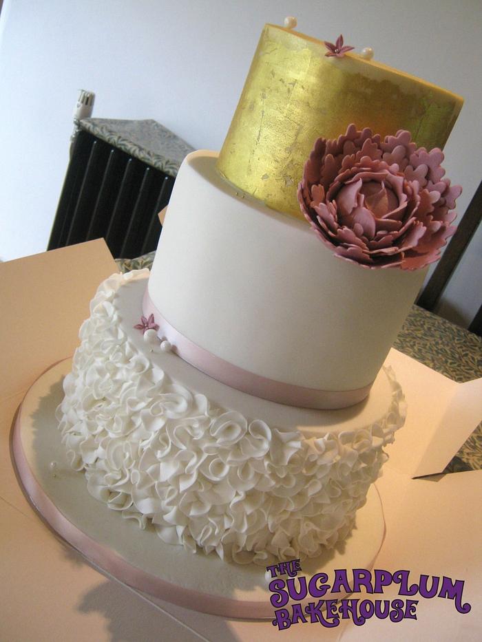3 Tier Wedding Cake - White, Gold, Dusky Pink & Ruffles
