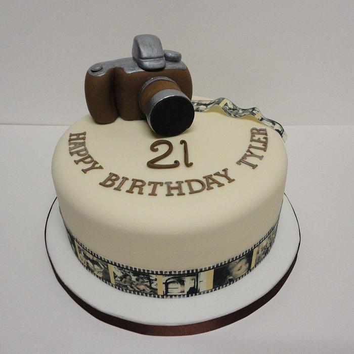 Vintage camera cake with edible images