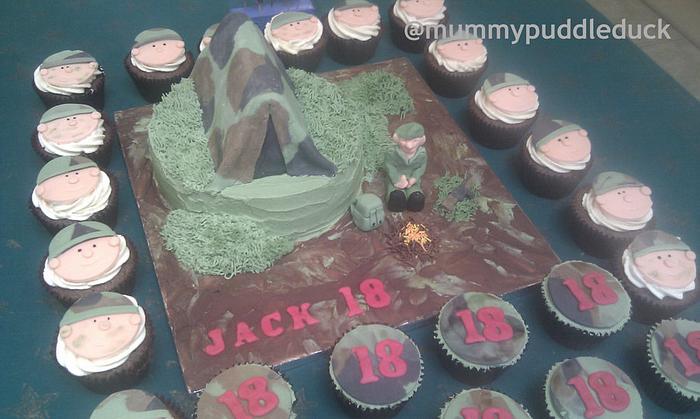 Army cake with soldier cupcakes