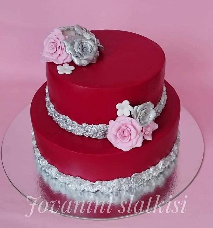 Red and silver birthday cake