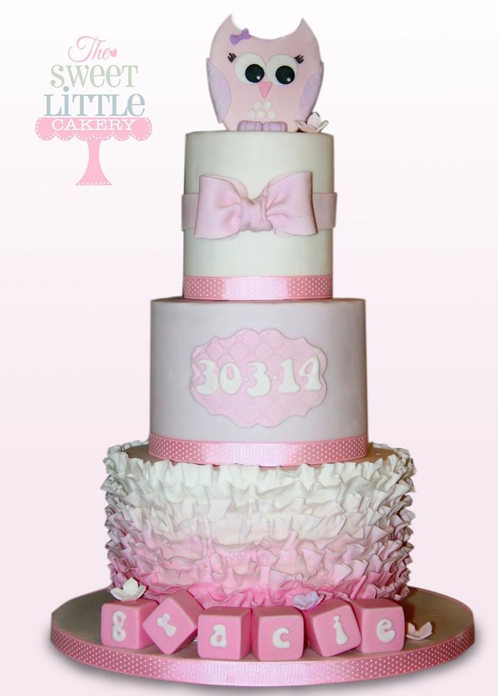 3 tier owl and ombre ruffle christening cake