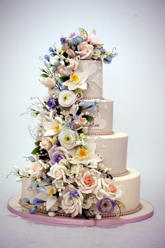 Pastel tones flower cascade cake